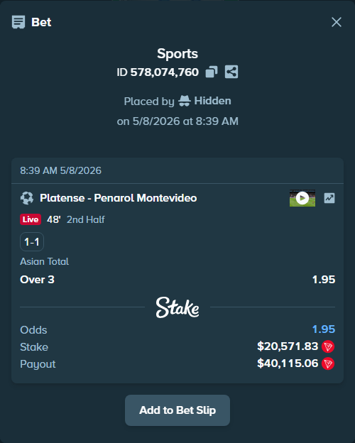 Bet slip: Platense - CA Penarol Montevideo, $19,252.94 stake at 1.95 odds, placed by Hidden