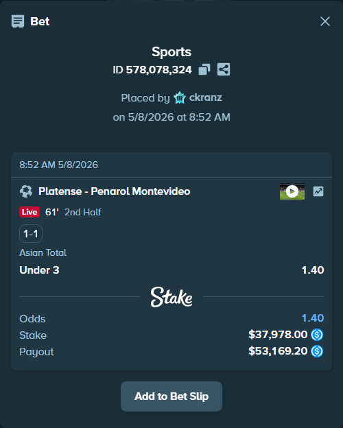 Bet slip: Platense - CA Penarol Montevideo, $37,978.00 stake at 1.40 odds, placed by ckranz