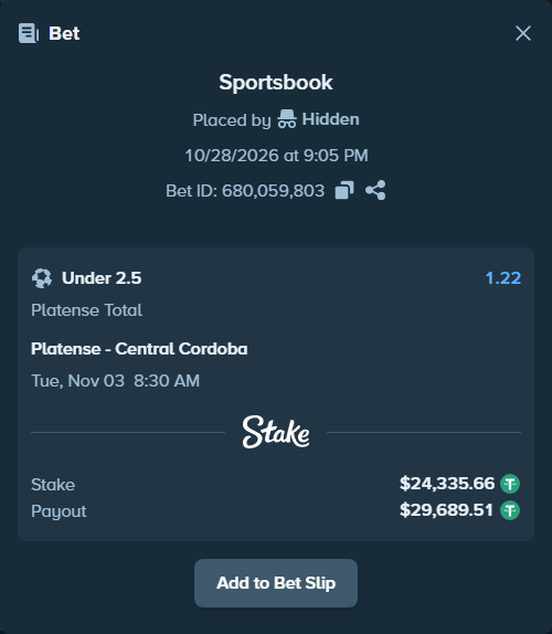 Bet slip: Platense - Central Cordoba, $24,360.00 stake at 1.22 odds, placed by Hidden