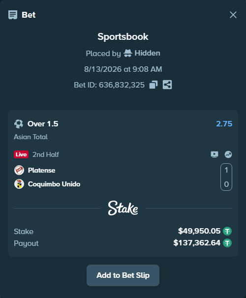 Bet slip: Platense - Coquimbo Unido, $50,000.00 stake at 2.75 odds, placed by Hidden
