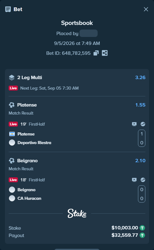 Bet slip: Platense - Deportivo Riestra AFBC, $10,000.00 stake at 1.55 odds, placed by KOHINUR7474