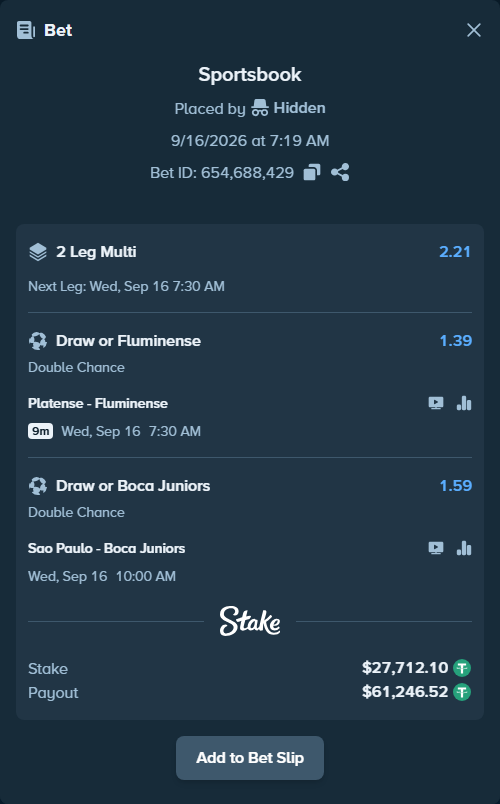 Bet slip: Platense - Fluminense, $27,712.10 stake at 1.39 odds, placed by Hidden