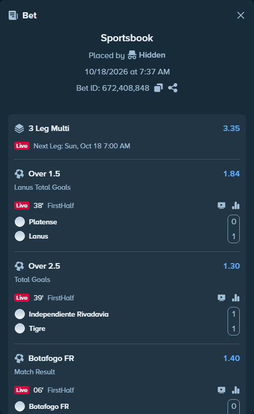 Bet slip: Platense - Lanus, $10,000.00 stake at 1.84 odds, placed by Agus1033