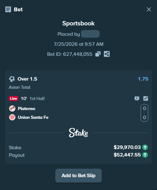 Bet slip: Platense - Union Santa Fe, $30,000.00 stake at 1.75 odds, placed by ayoflasher