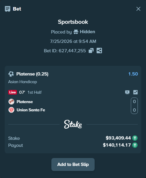 Bet slip: Platense - Union Santa Fe, $93,502.85 stake at 1.50 odds, placed by Hidden