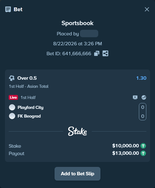 Bet slip: Playford City - White City FK Beograd, $10,000.00 stake at 1.30 odds, placed by tlwns4736