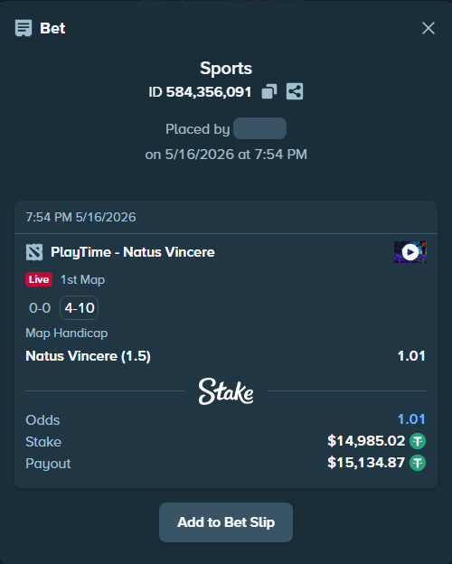 Bet slip: PlayTime - Natus Vincere, $15,000.00 stake at 1.01 odds, placed by PerryLBH