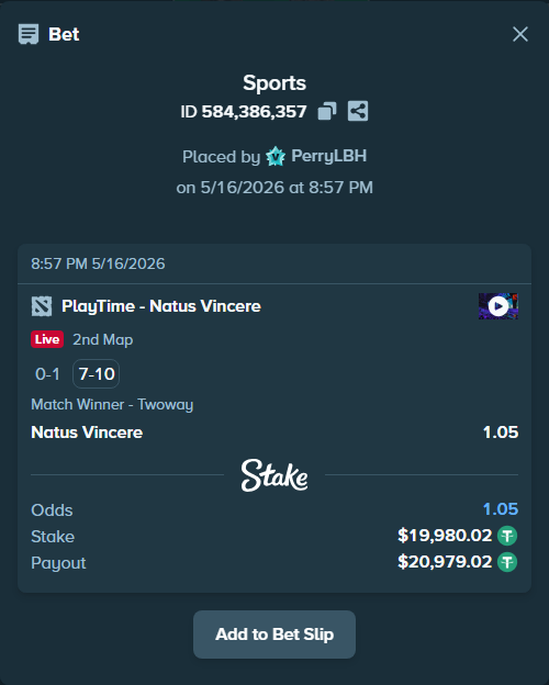 Bet slip: PlayTime - Natus Vincere, $20,000.00 stake at 1.05 odds, placed by PerryLBH