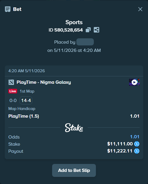 Bet slip: PlayTime - Nigma Galaxy, $11,111.00 stake at 1.01 odds, placed by MetaSpinner