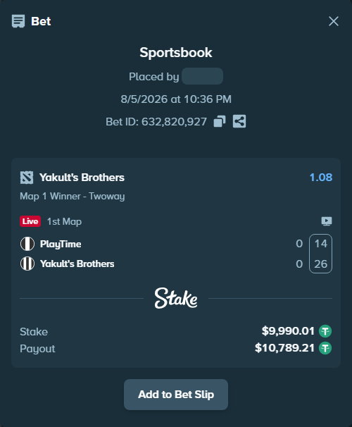 Bet slip: PlayTime - Yakult's Brothers, $10,000.00 stake at 1.08 odds, placed by DegenDino