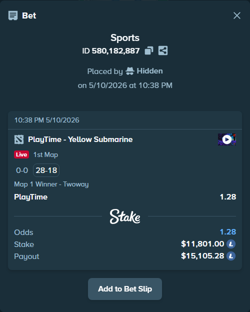 Bet slip: PlayTime - Yellow Submarine, $8,976.33 stake at 1.28 odds, placed by Hidden