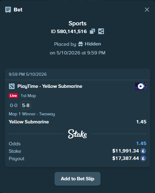 Bet slip: PlayTime - Yellow Submarine, $9,131.77 stake at 1.45 odds, placed by Hidden