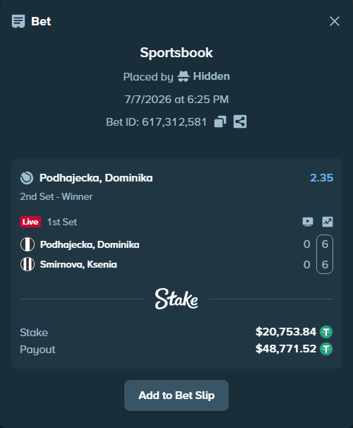 Bet slip: Podhajecka, Dominika - Smirnova, Ksenia, $20,774.59 stake at 2.35 odds, placed by Hidden