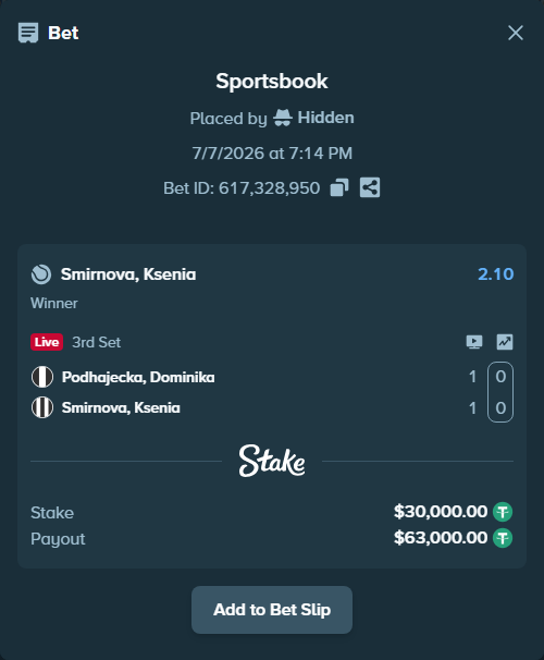 Bet slip: Podhajecka, Dominika - Smirnova, Ksenia, $30,030.00 stake at 2.10 odds, placed by Hidden