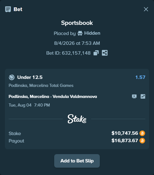 Bet slip: Podlinska, Marcelina - Vendula Valdmannova, $10,895.30 stake at 1.57 odds, placed by Hidden