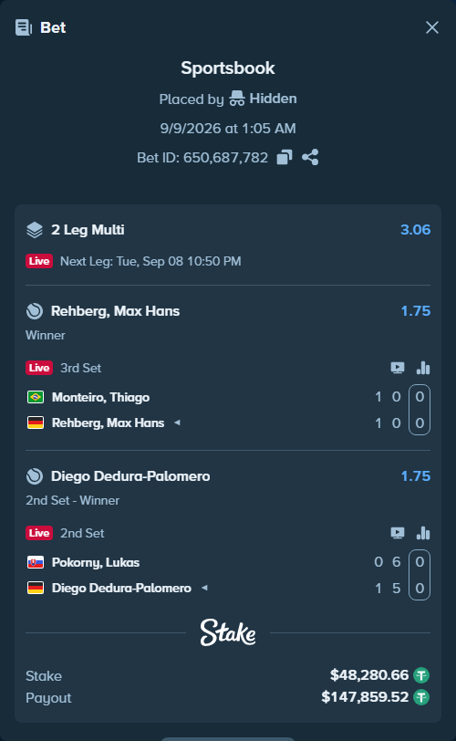 Bet slip: Pokorny, Lukas - Diego Dedura-Palomero, $48,280.66 stake at 1.75 odds, placed by Hidden
