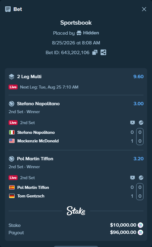 Bet slip: Pol Martin Tiffon - Tom Gentzsch, $10,082.50 stake at 3.20 odds, placed by Hidden