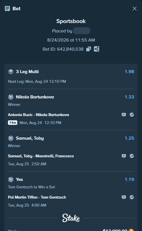 Bet slip: Pol Martin Tiffon - Tom Gentzsch, $13,000.78 stake at 1.19 odds, placed by Jupavelli