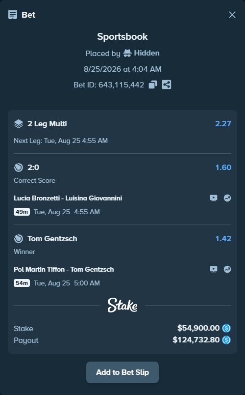 Bet slip: Pol Martin Tiffon - Tom Gentzsch, $54,900.00 stake at 1.42 odds, placed by Hidden