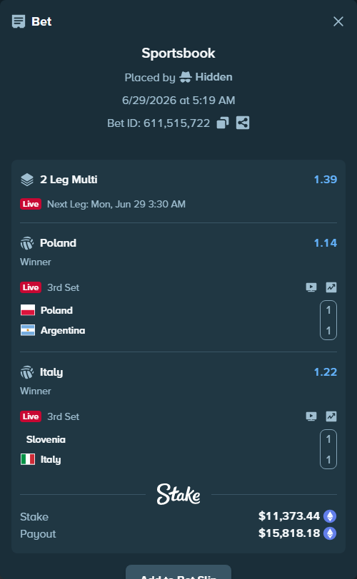 Bet slip: Poland - Argentina, $12,749.86 stake at 1.14 odds, placed by Hidden