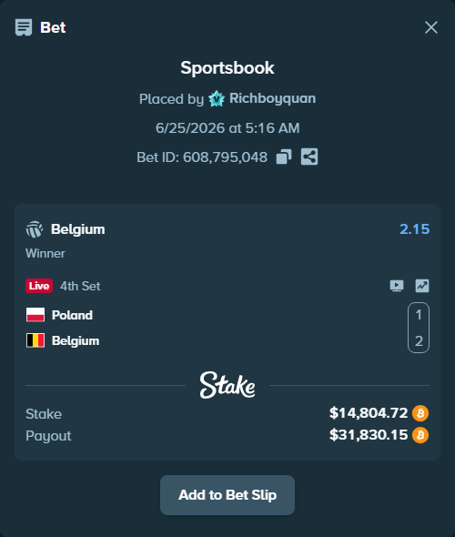 Bet slip: Poland - Belgium, $14,531.57 stake at 2.15 odds, placed by Richboyquan