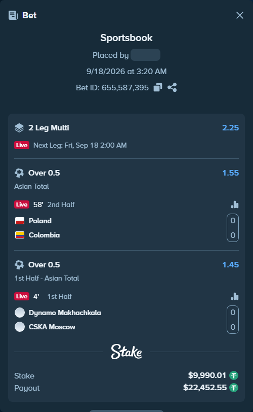 Bet slip: Poland - Colombia, $10,000.00 stake at 1.55 odds, placed by tlwns4736