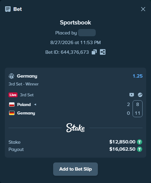 Bet slip: Poland - Germany, $12,850.00 stake at 1.25 odds, placed by WinTr10
