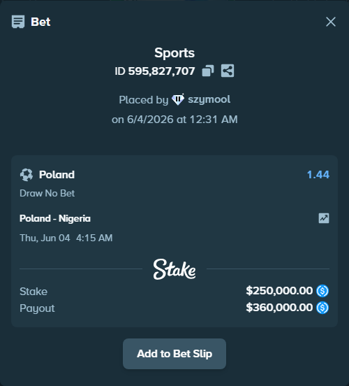 Bet slip: Poland - Nigeria, $250,000.00 stake at 1.44 odds, placed by szymool