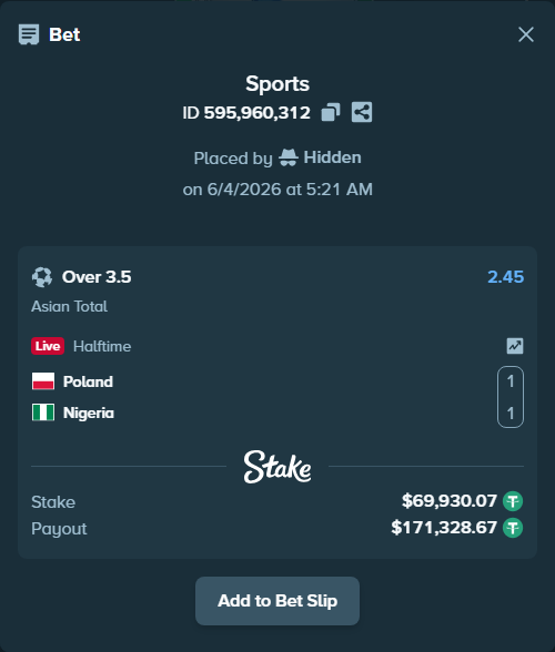 Bet slip: Poland - Nigeria, $70,000.00 stake at 2.45 odds, placed by Hidden