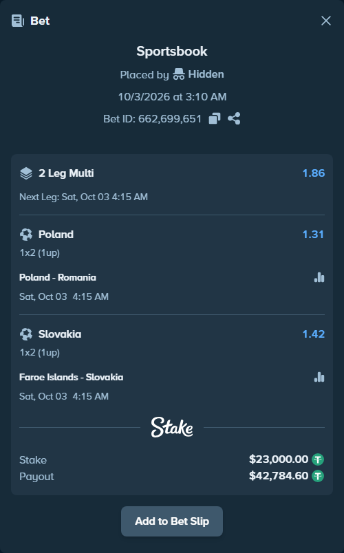 Bet slip: Poland - Romania, $23,000.00 stake at 1.31 odds, placed by Hidden