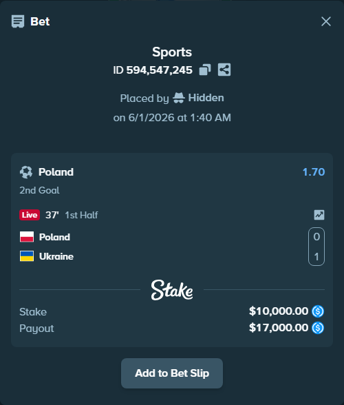 Bet slip: Poland - Ukraine, $10,000.00 stake at 1.70 odds, placed by Hidden