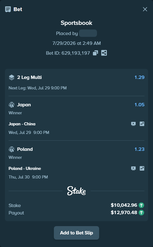 Bet slip: Poland - Ukraine, $10,053.00 stake at 1.23 odds, placed by vavrinka27
