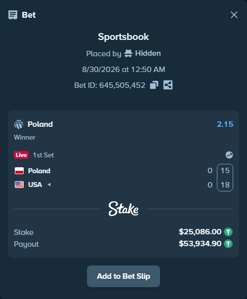 Bet slip: Poland - USA, $25,086.00 stake at 2.15 odds, placed by Hidden