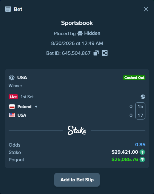 Bet slip: Poland - USA, $29,421.00 stake at 1.65 odds, placed by Hidden
