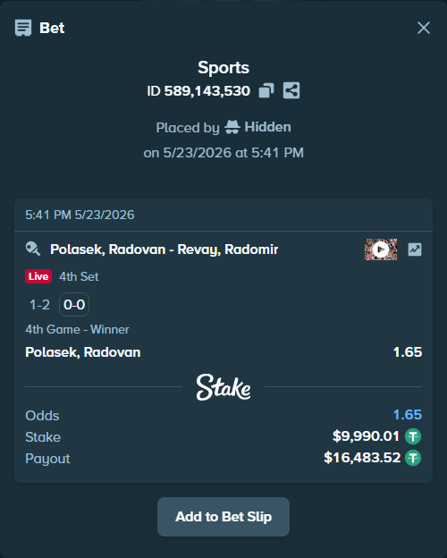 Bet slip: Polasek, Radovan - Revay, Radomir, $10,000.00 stake at 1.65 odds, placed by Hidden