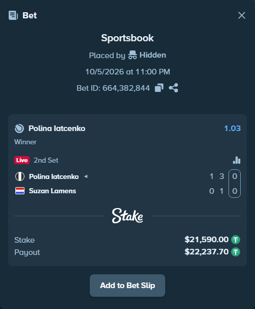 Bet slip: Polina Iatcenko - Suzan Lamens, $21,590.00 stake at 1.03 odds, placed by Hidden
