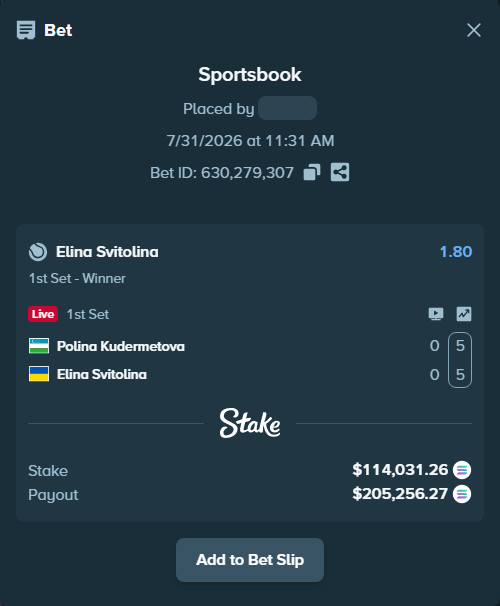 Bet slip: Polina Kudermetova - Elina Svitolina, $110,958.26 stake at 1.80 odds, placed by Prettylfacko98