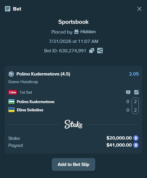 Bet slip: Polina Kudermetova - Elina Svitolina, $19,725.02 stake at 2.05 odds, placed by Hidden