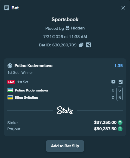 Bet slip: Polina Kudermetova - Elina Svitolina, $37,287.25 stake at 1.35 odds, placed by Hidden