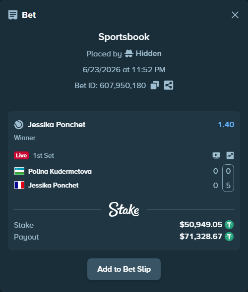 Bet slip: Polina Kudermetova - Jessika Ponchet, $51,000.00 stake at 1.40 odds, placed by Hidden