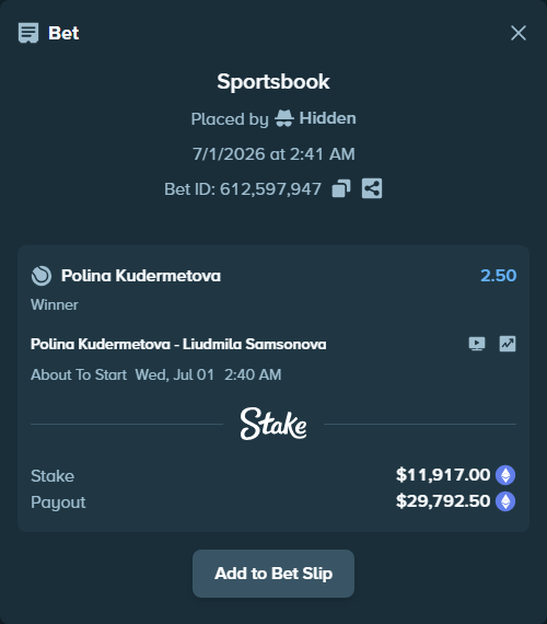 Bet slip: Polina Kudermetova - Liudmila Samsonova, $13,579.40 stake at 2.50 odds, placed by Hidden