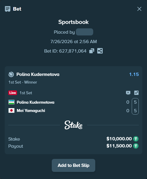 Bet slip: Polina Kudermetova - Mei Yamaguchi, $10,000.00 stake at 1.15 odds, placed by rkkcr03