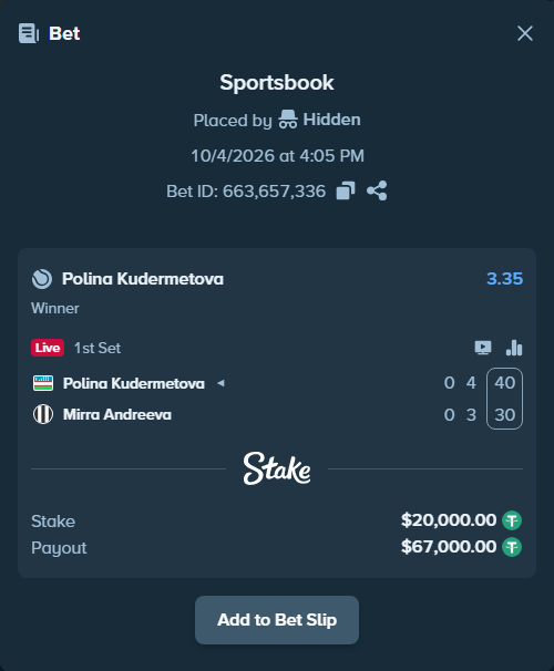 Bet slip: Polina Kudermetova - Mirra Andreeva, $20,000.00 stake at 3.35 odds, placed by Hidden