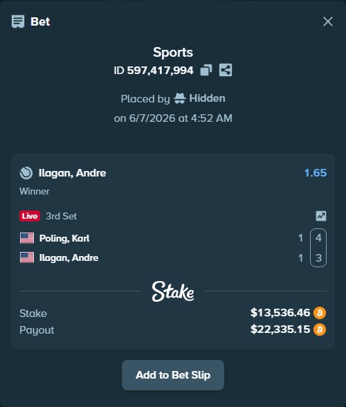 Bet slip: Poling, Karl - Ilagan, Andre, $14,333.37 stake at 1.65 odds, placed by Hidden