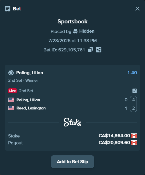 Bet slip: Poling, Lilian - Reed, Lexington, $10,999.36 stake at 1.40 odds, placed by Hidden