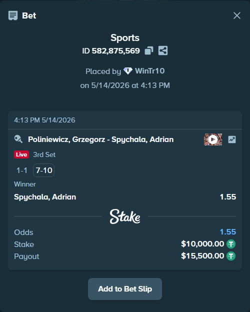 Bet slip: Poliniewicz, Grzegorz - Spychala, Adrian, $10,000.00 stake at 1.55 odds, placed by WinTr10