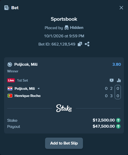 Bet slip: Poljicak, Mili - Henrique Rocha, $12,500.00 stake at 3.80 odds, placed by Hidden