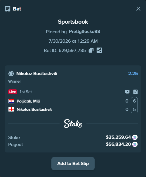 Bet slip: Poljicak, Mili - Nikoloz Basilashvili, $25,129.61 stake at 2.25 odds, placed by Prettylfacko98