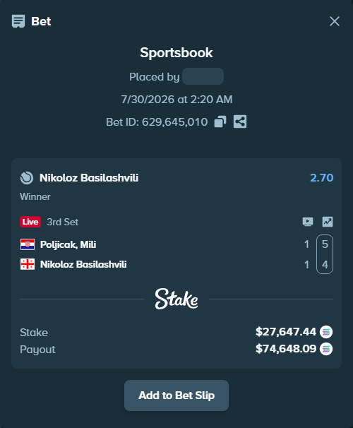 Bet slip: Poljicak, Mili - Nikoloz Basilashvili, $27,485.03 stake at 2.70 odds, placed by Prettylfacko98
