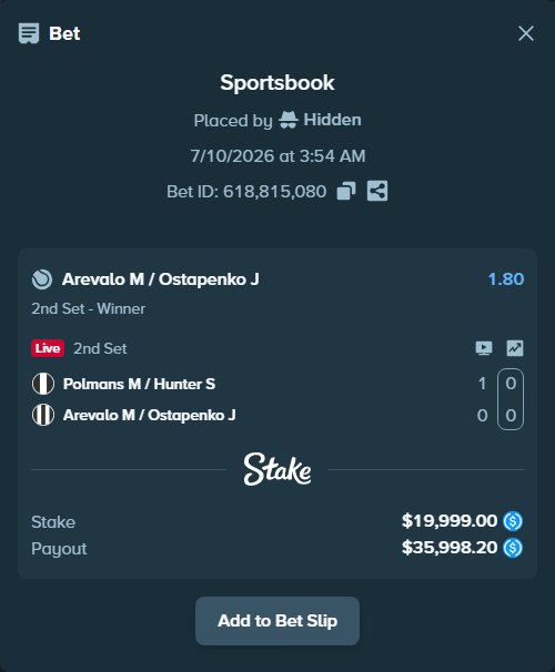 Bet slip: Polmans M / Hunter S - Arevalo M / Ostapenko J, $19,999.00 stake at 1.80 odds, placed by Hidden